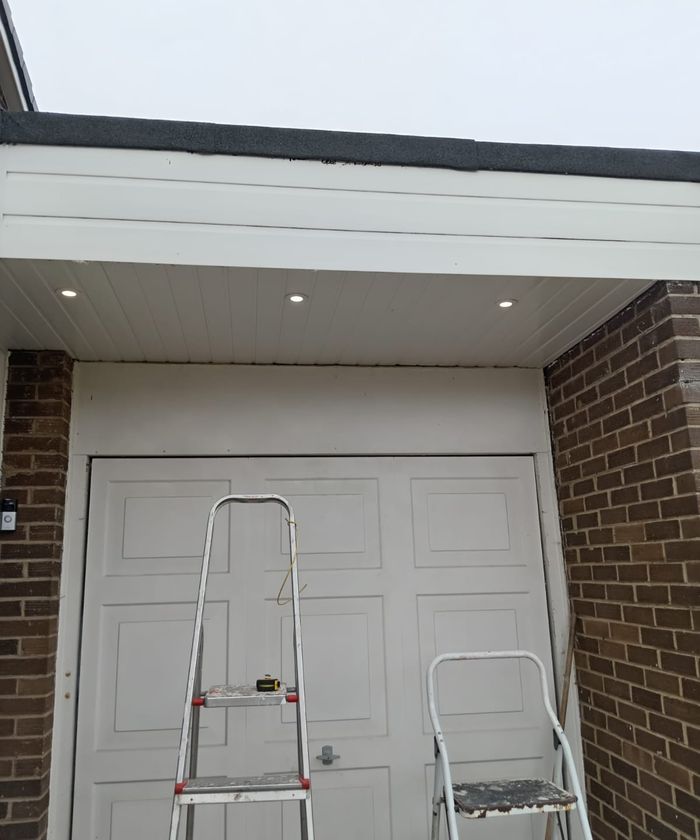 Garage door with downlights in the canopy above